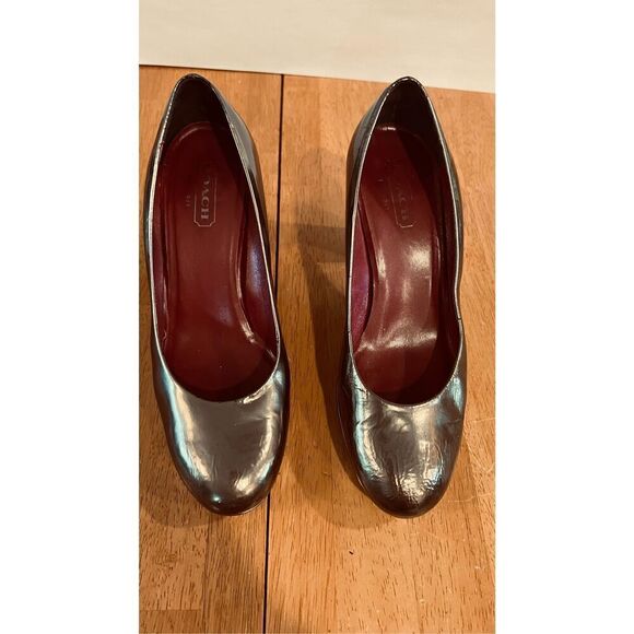 Coach Brown Bronze Block Leather Heels Round Toe Womens Size 8 - Picture 3 of 12